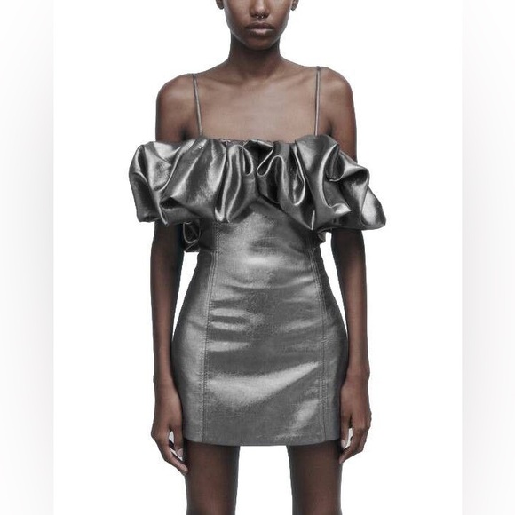 NWT Zara Metallic Mini Dress Silver Ruffle Strapless Party Cocktail Clubwear - Picture 1 of 5